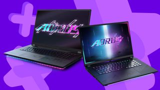 Gigabyte Aorus Master 16 and Gigabyte Aorus Master 18 gaming laptops on a purple background
