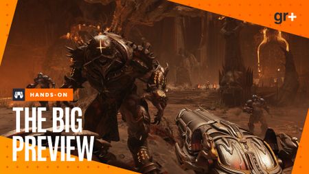 The Doom Slayer aims a super shotgun at a demonic enemy with an inverted cross helmet in Doom: The Dark Ages, in a Big Preview frame