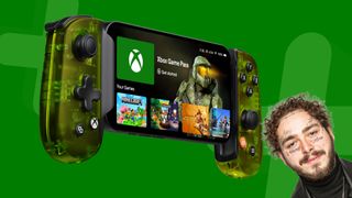Backbone One Xbox Edition controller on a green background with Post Malone