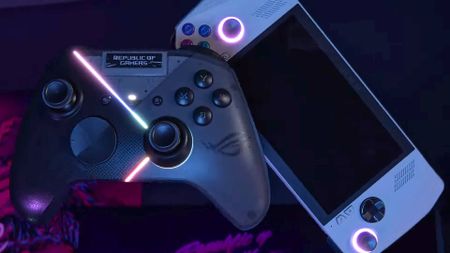Asus ROG Raikiri Pro controller next to upside-down ROG Ally handheld gaming PC. 