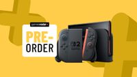 Nintendo Switch 2 on a yellow background with pre-order badge